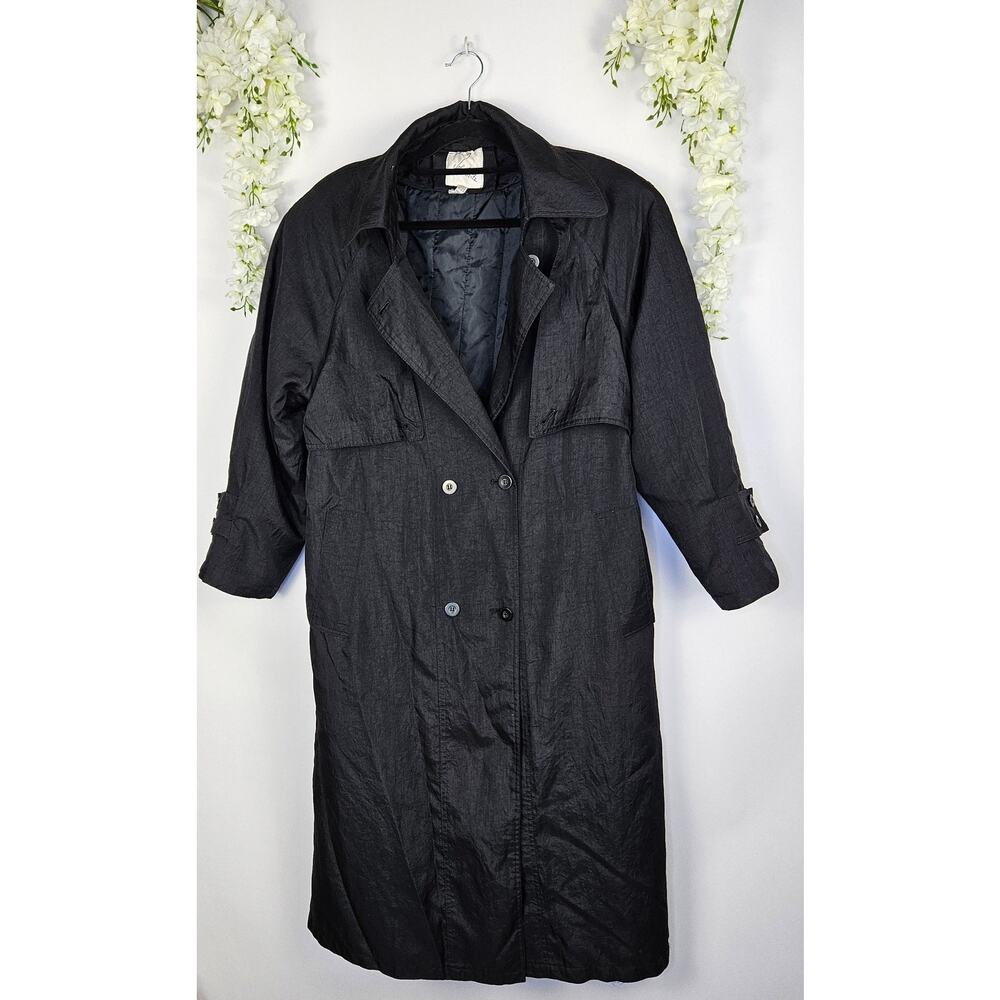Vintage John Weitz 13/14 Black Trench Coat Zip Liner Classic Old Money Noir Film